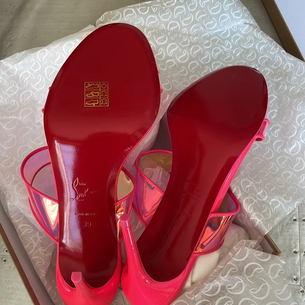 Christian Louboutin just loubi pink neon stiletto sandal pvc sz 39 85mm